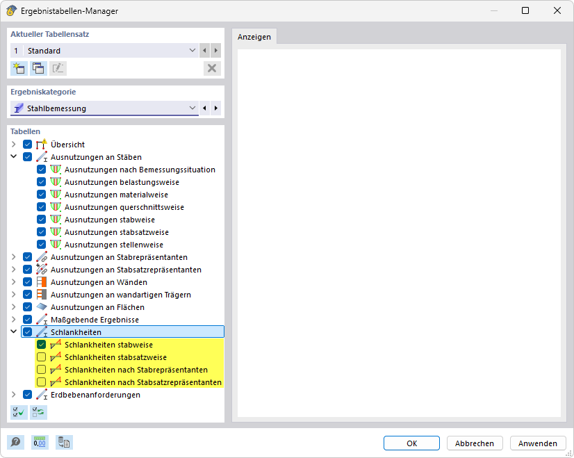 Ergebnistabellen-Manager für Stahlbemessung, Schlankheiten