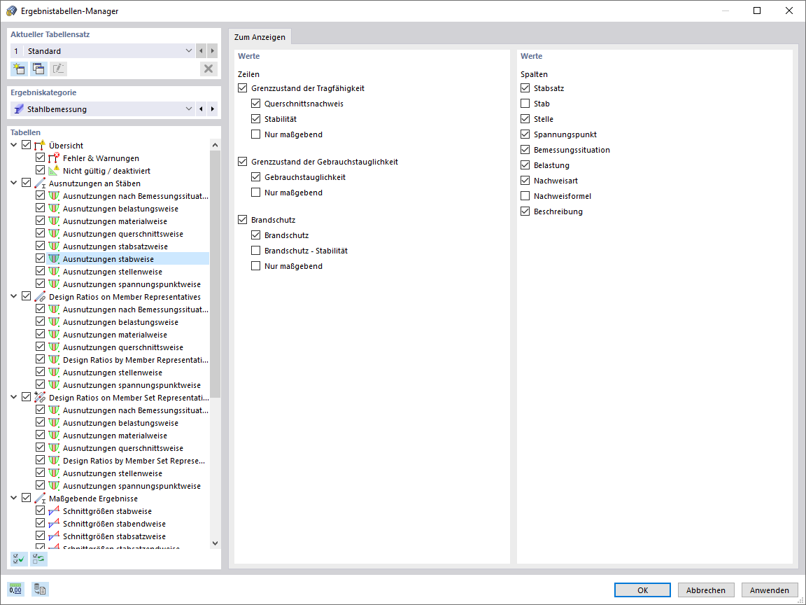 Ergebnistabellen-Manager für die Stahlbemessung, Ausnutzungen stabweise