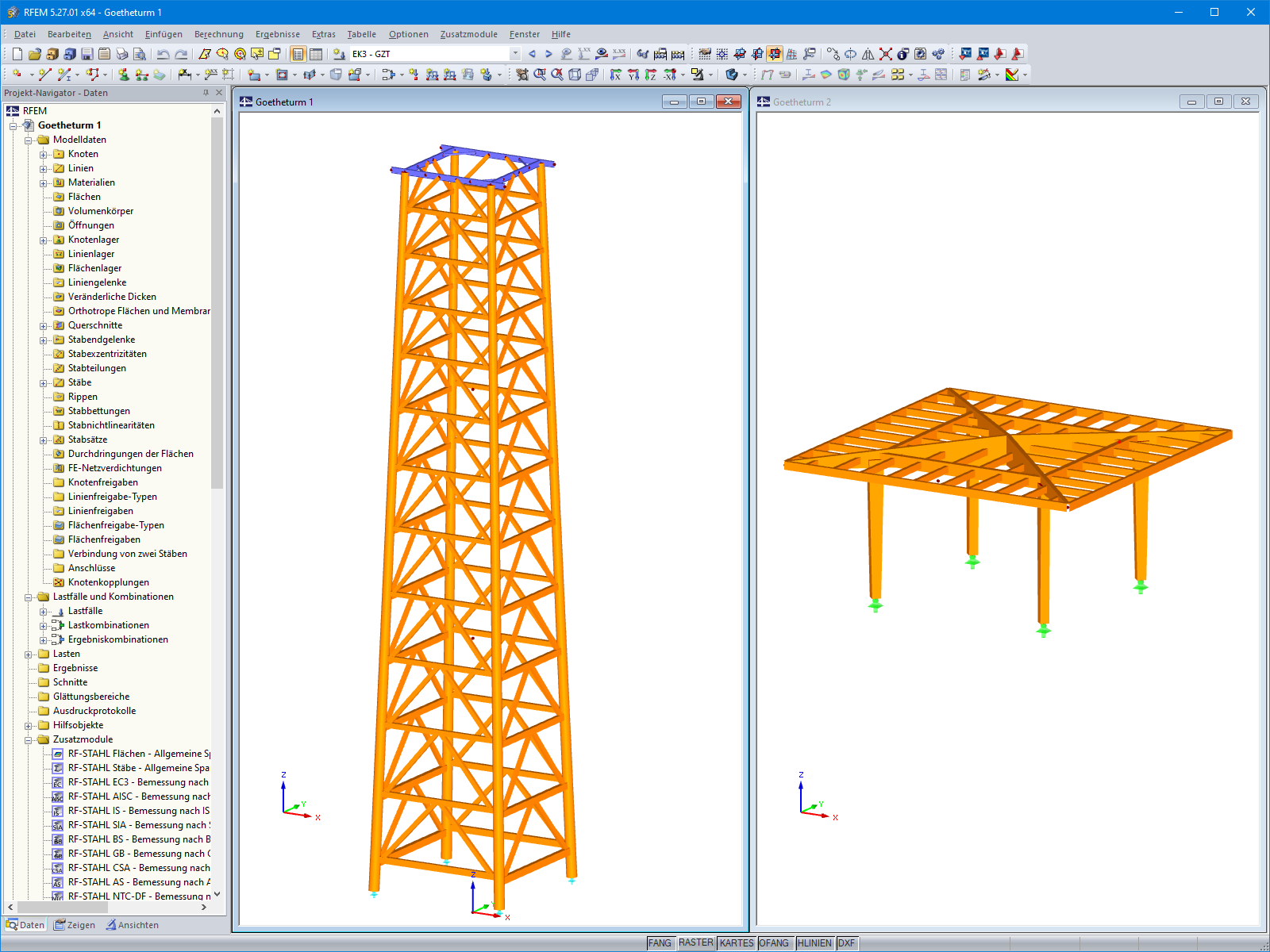 Turmmodell (links) und Kanzel (rechts) in RFEM (© ingwh)