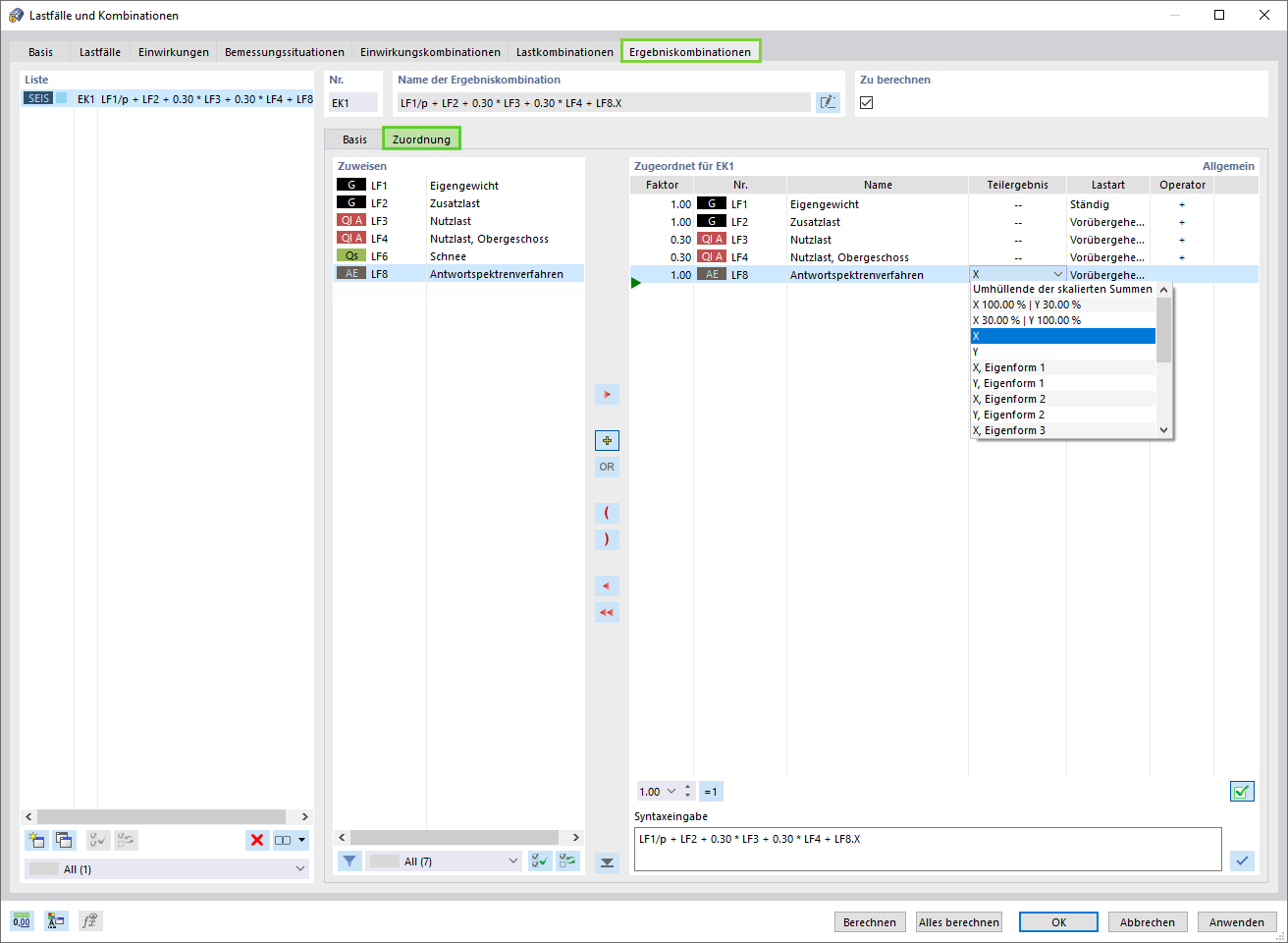 Zuordnung der Lastfälle zu einer Ergebniskombination