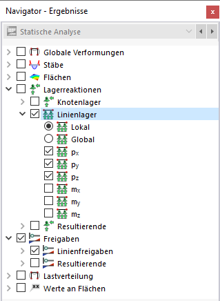 Linienlagerergebnisse im Navigator auswählen