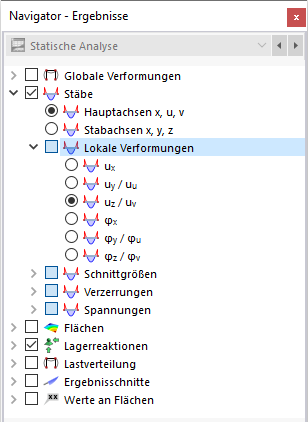 Lokale Stabverformungen im Navigator auswählen