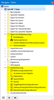 Kategorien für Holzbemessung im Navigator - Daten