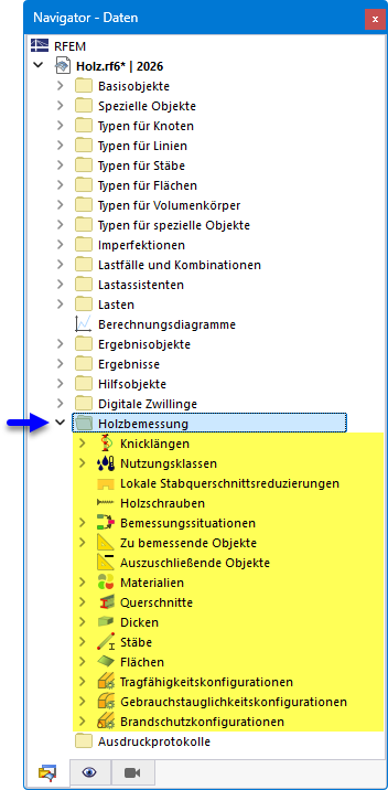 Kategorie 'Holzbemessung' im Navigator - Daten