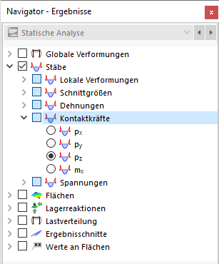 Stab-Kontaktkräfte im Navigator auswählen