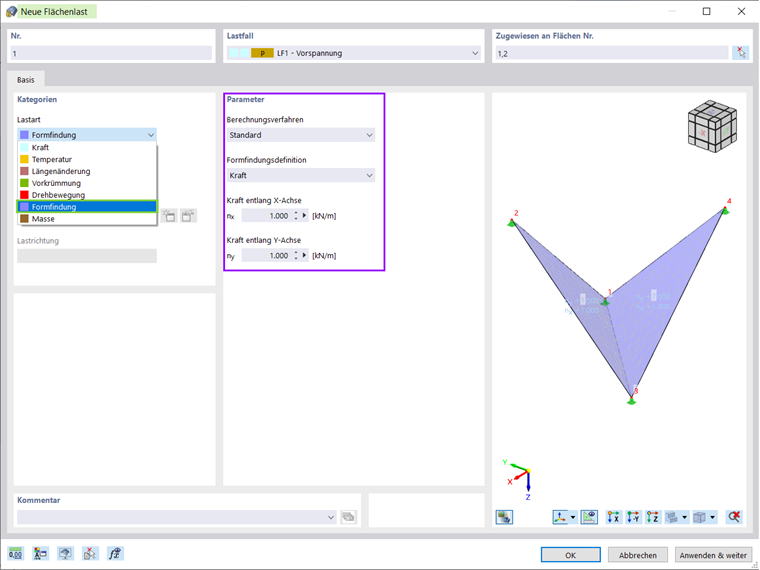 Flächenlast - Lastart Formfindung