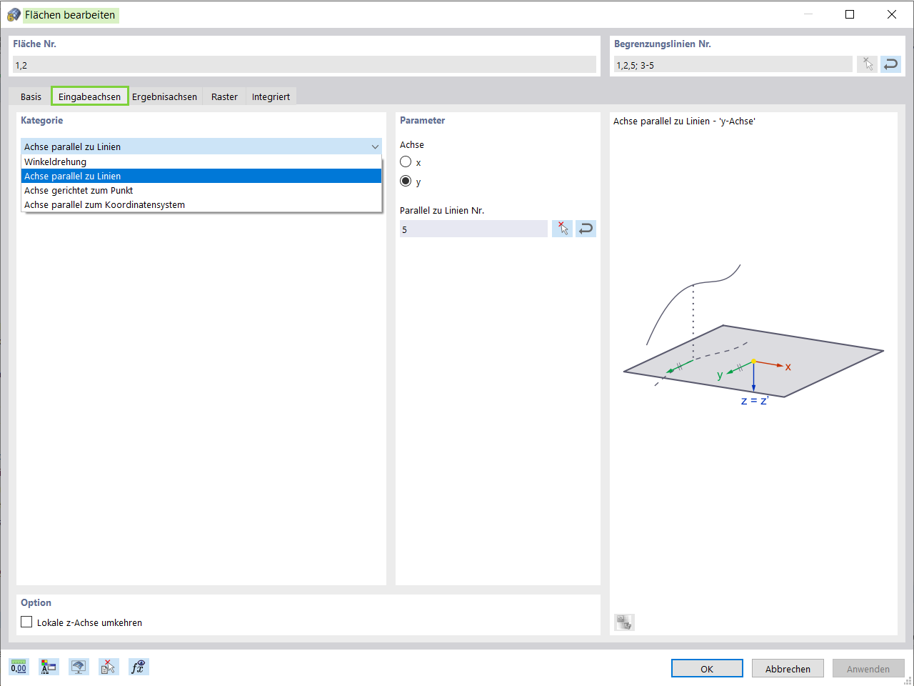 Screenshot, der die Membraneingabeachsen mit numerischen Eingabefeldern und Koordinatenhilfslinien zeigt.