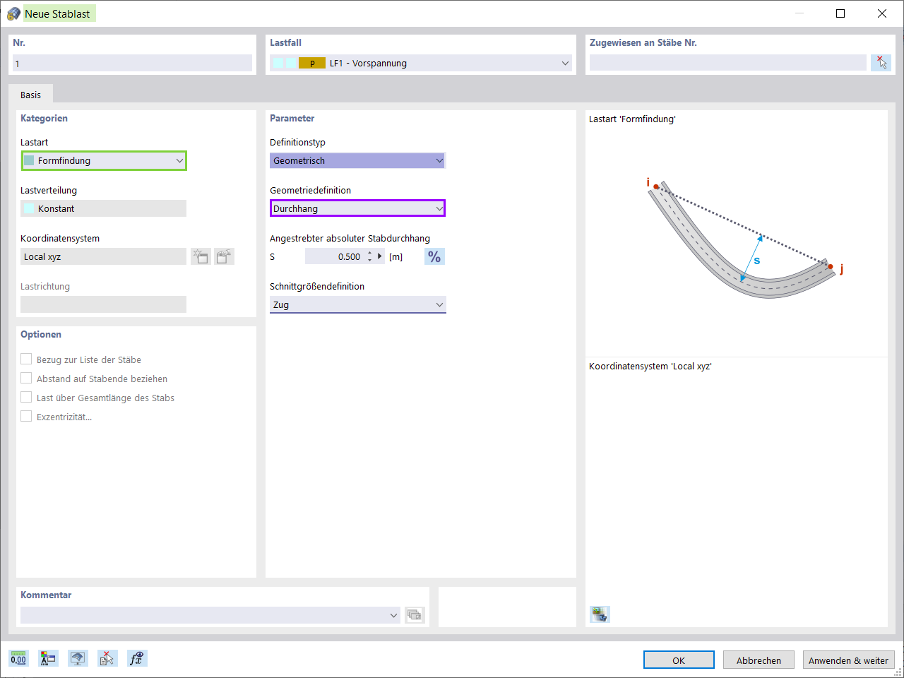 Geometrische Formfindungslast auf Stab