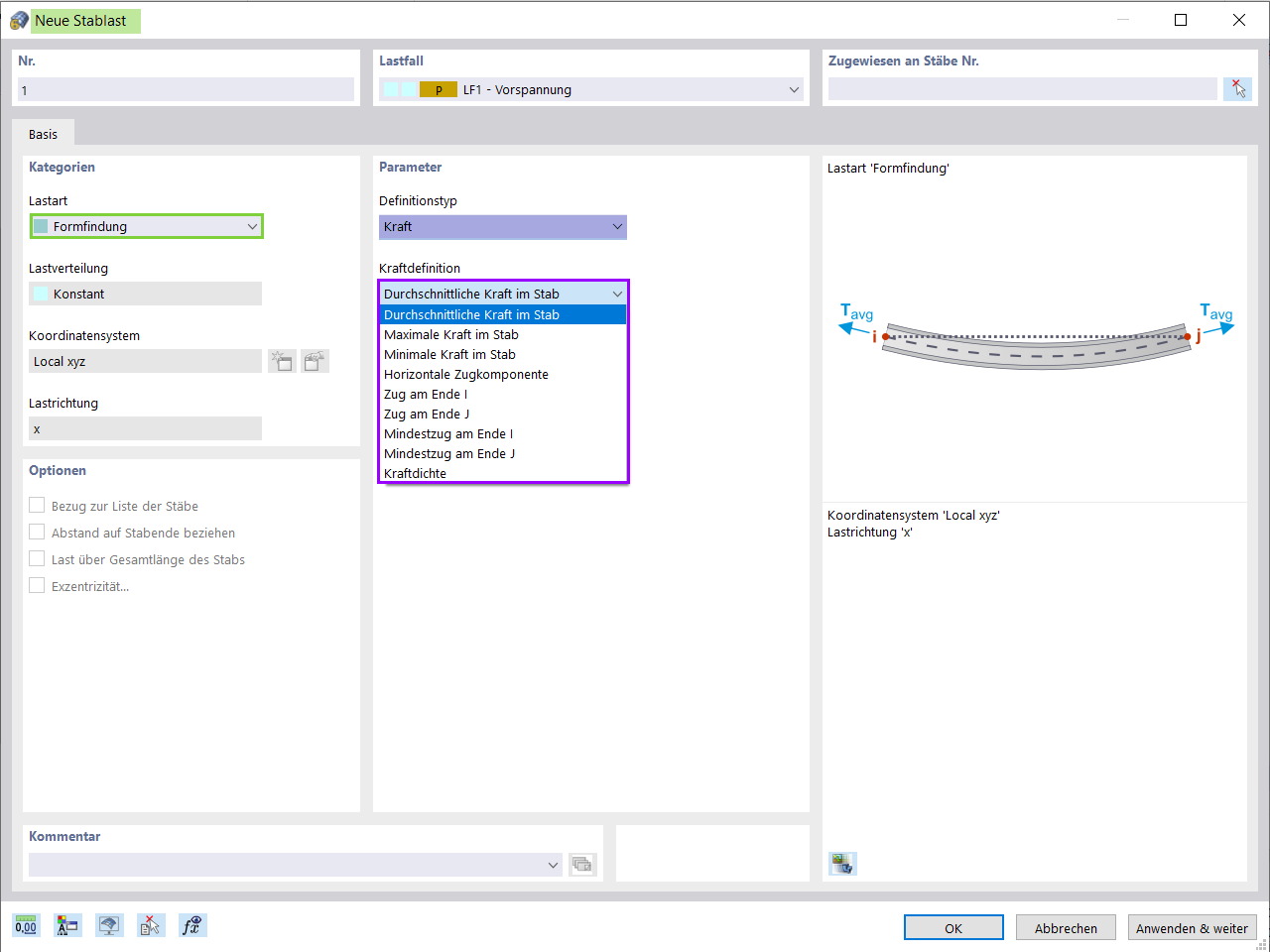 Formfindungslast am Stab eingeleitet als Kraft