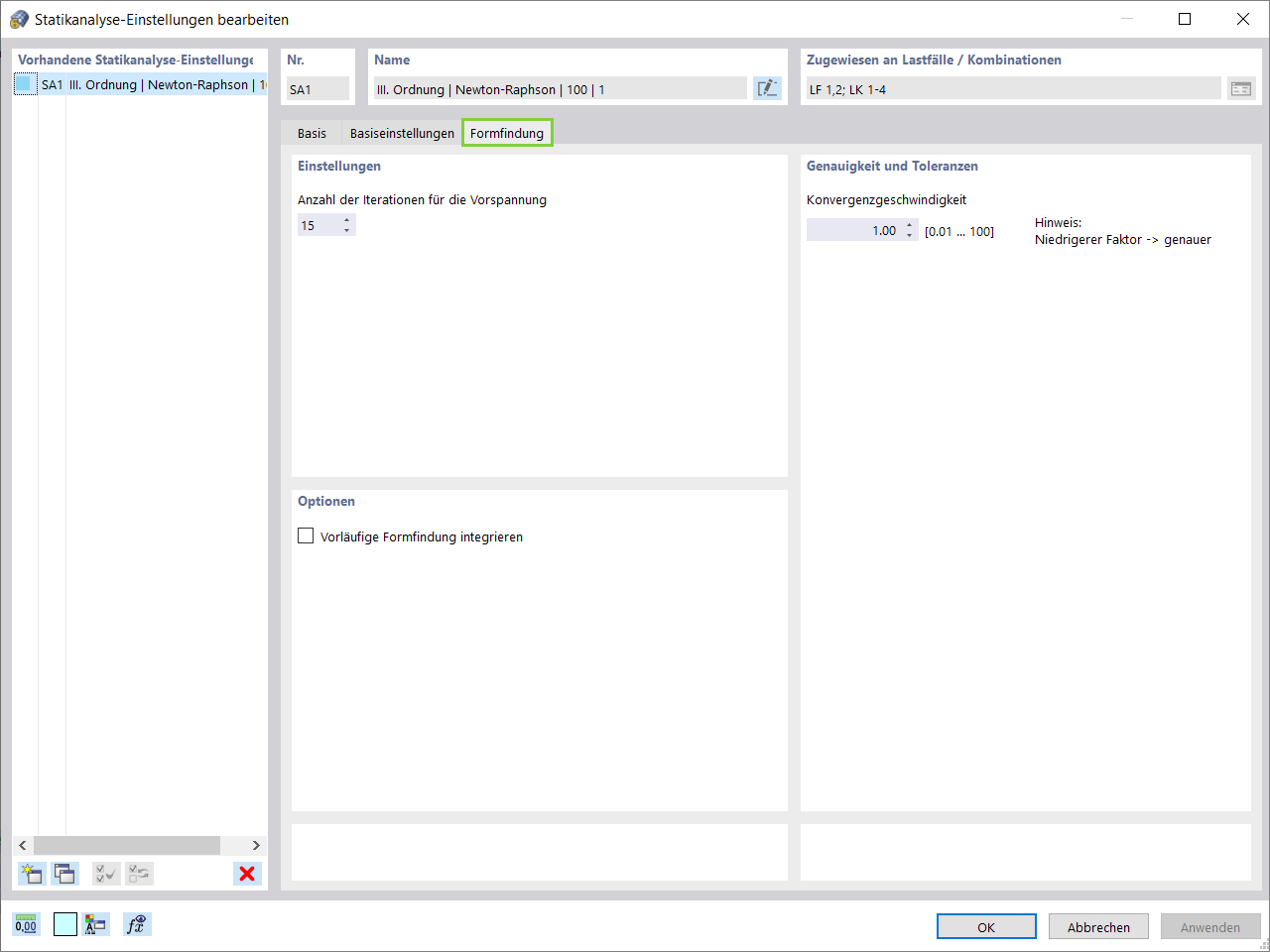 Analyse-Einstellungen