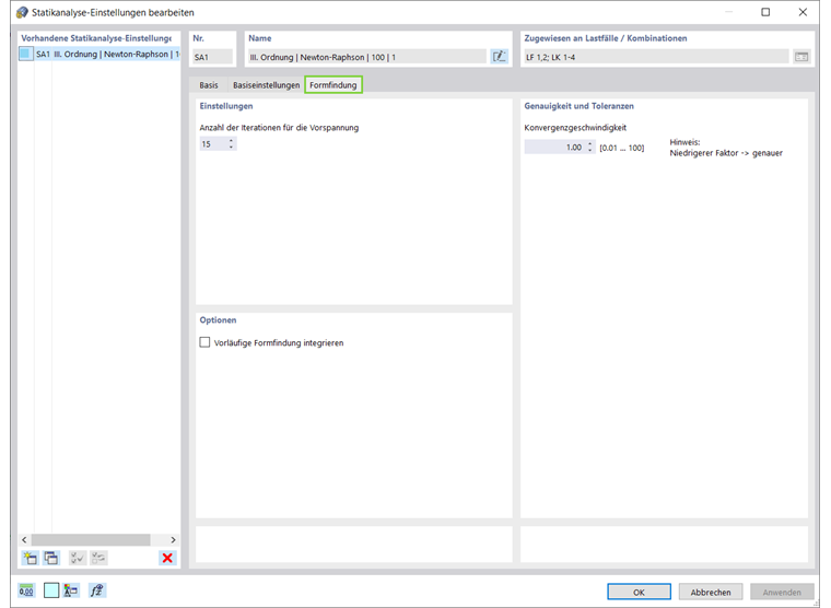 Analyse-Einstellungen