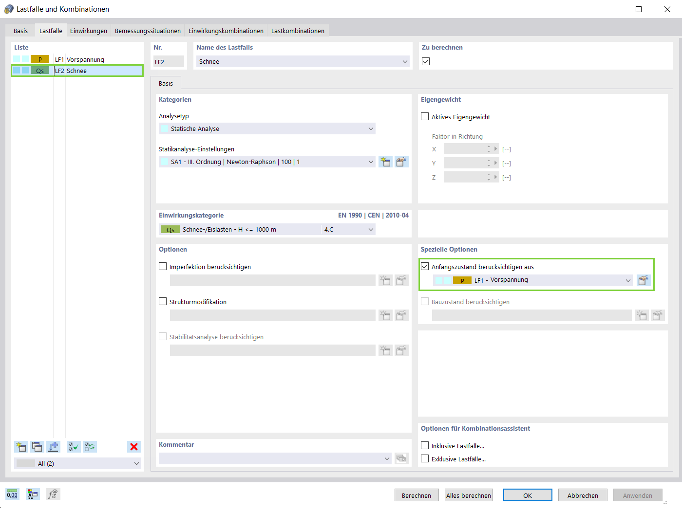 Berücksichtigung des Anfangszustandes aus dem Formfindungslastfall