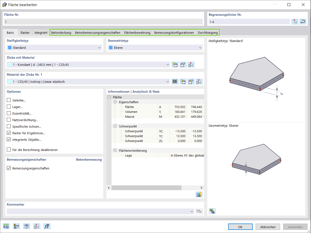 Bemessungseigenschaften der Platte