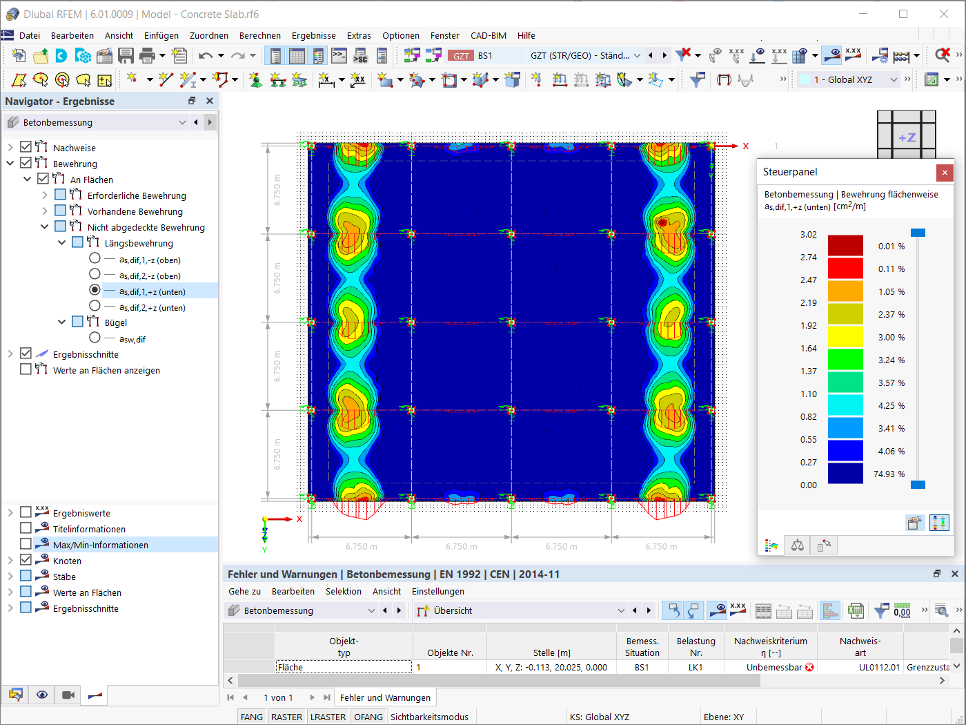 Nicht abgedeckte Bewehrung as,1, unten