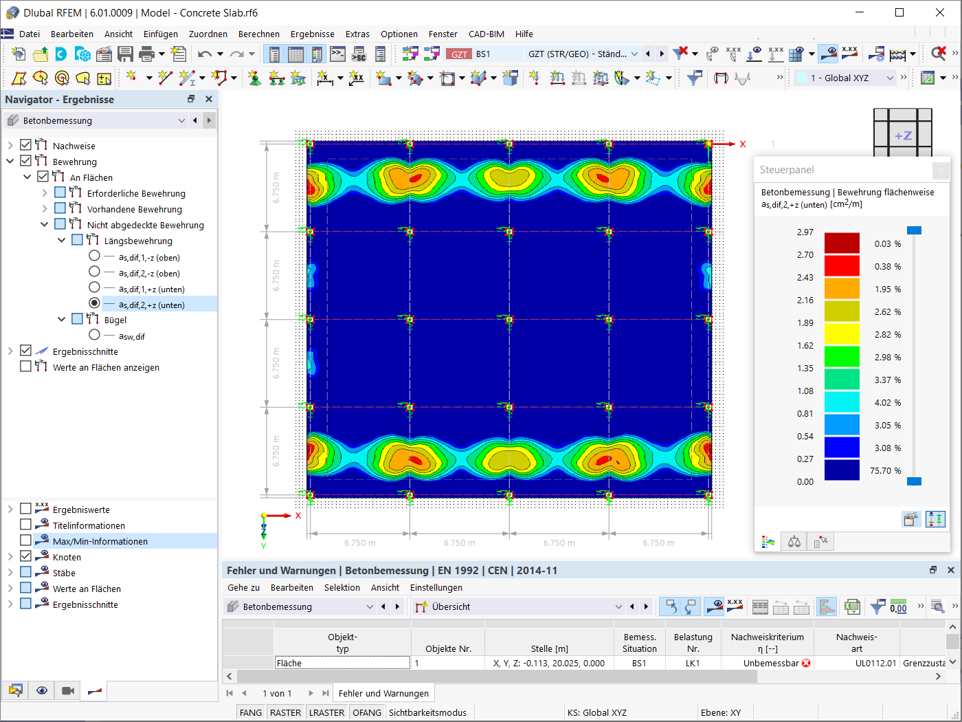 Nicht abgedeckte Bewehrung as,2, unten
