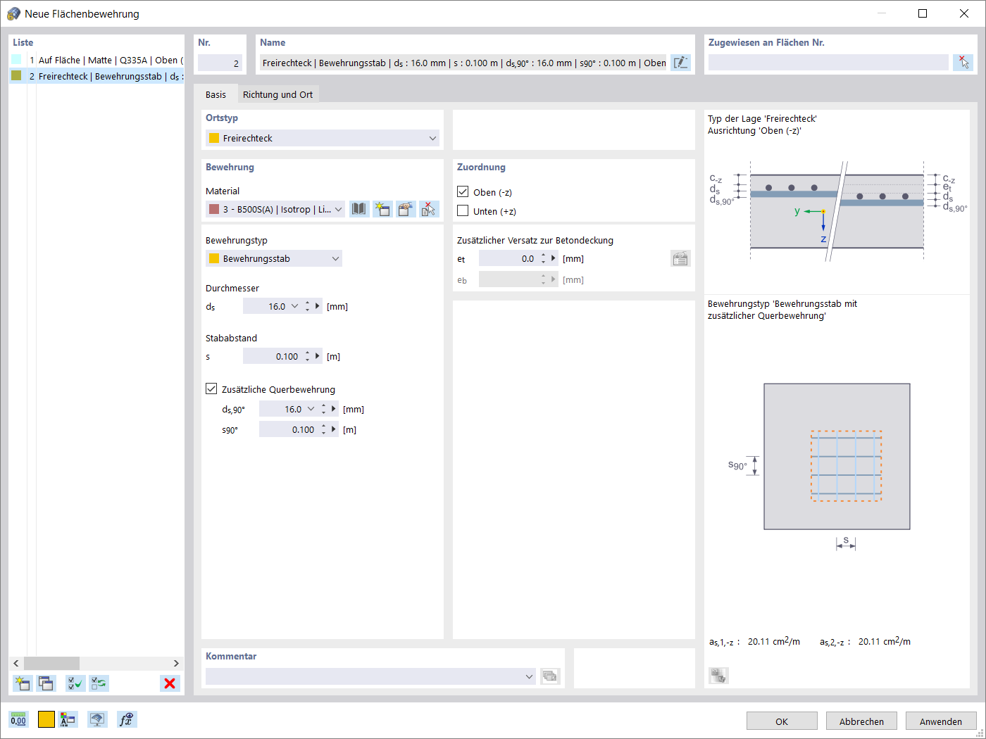 Zusatzbewehrung zuweisen
