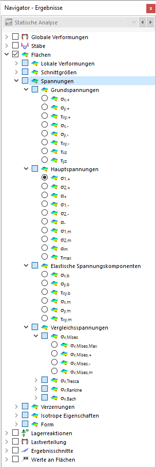 Flächenspannungen im Navigator auswählen