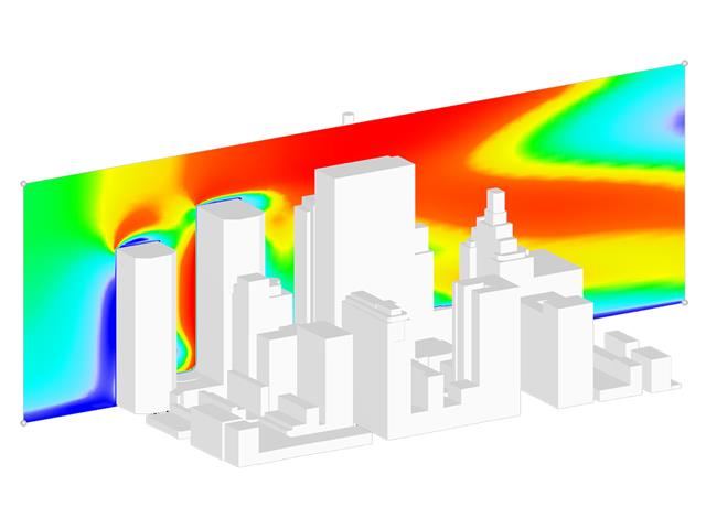 Modell der Windsimulation am Dlubal-Gebäude in Philadelphia, Demo-Modell der Software RWIND Simulation 