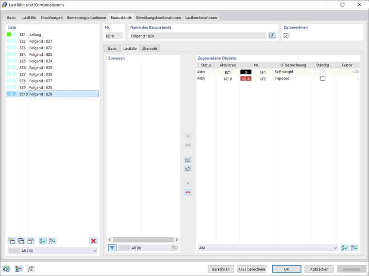 Zuordnung der Lasten in den Bauzuständen