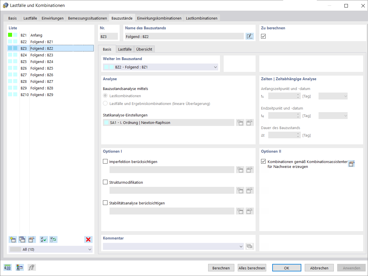 Bauzustände - Haupteinstellungen