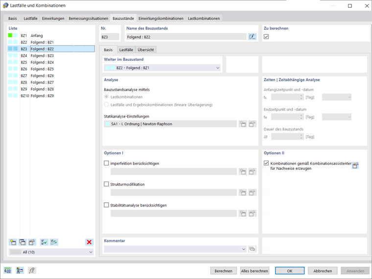 Bauzustände - Haupteinstellungen