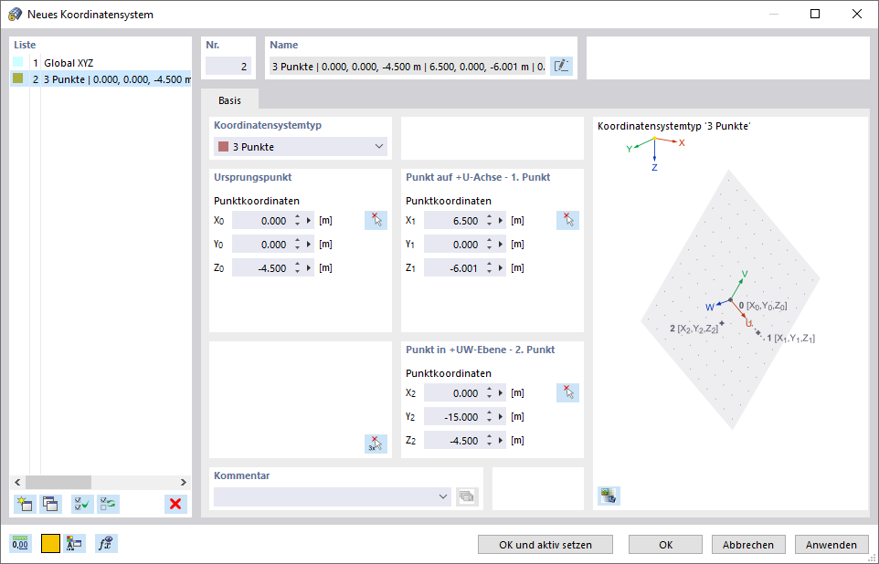 Dialog 'Neues Koordinatensystem'