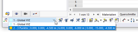 Koordinatensystem in Liste auswählen