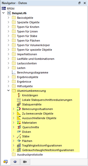 Kategorien für Aluminiumbemessung im Navigator - Daten