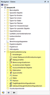 Kategorien für Aluminiumbemessung im Navigator - Daten