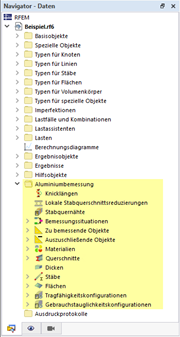 Kategorien für Aluminiumbemessung im Navigator - Daten