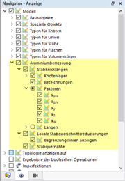 Anzeigemöglichkeiten der Aluminiumbemessung im Navigator - Anzeige