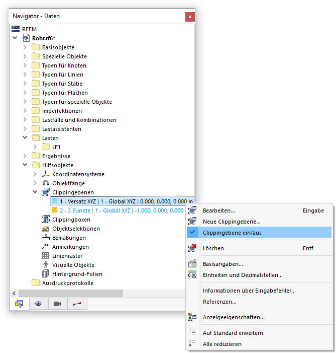 Clippingebene über Kontextmenü ein- und ausschalten