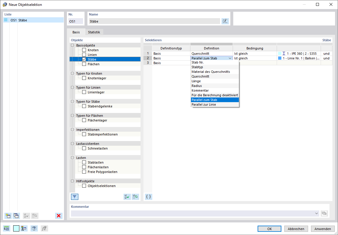 Dialog 'Neue Objektselektion'