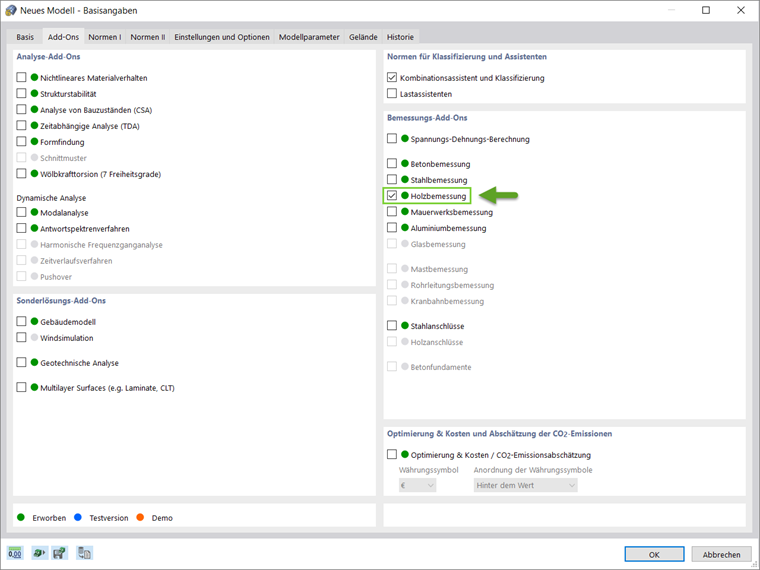Darstellung der Aktivierung des Add-Ons Holzbemessung in der Statik-Software.
