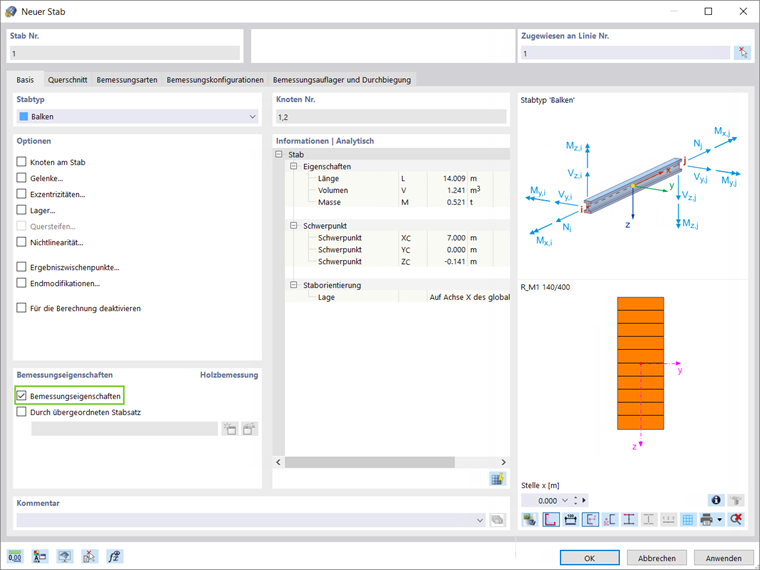 Oberfläche mit Kontrollfeld für Bemessungseigenschaften