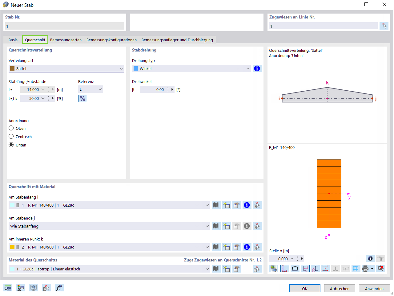 Beispiel einer Holzbemessung mit Analyse von gevouteten und gekrümmten Stäben mit Angaben zu den Querschnittseigenschaften.