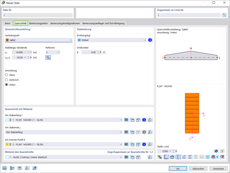 Beispiel einer Holzbemessung mit Analyse von gevouteten und gekrümmten Stäben mit Angaben zu den Querschnittseigenschaften.