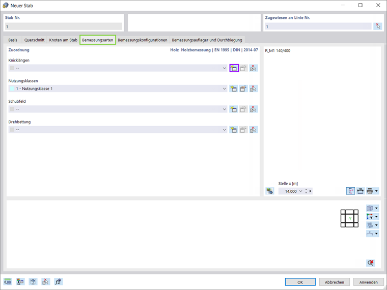 Eine Benutzeroberfläche, die verschiedene Bemessungsarten für die Erstellung eines neuen Stabs in einer Softwareanwendung zeigt.