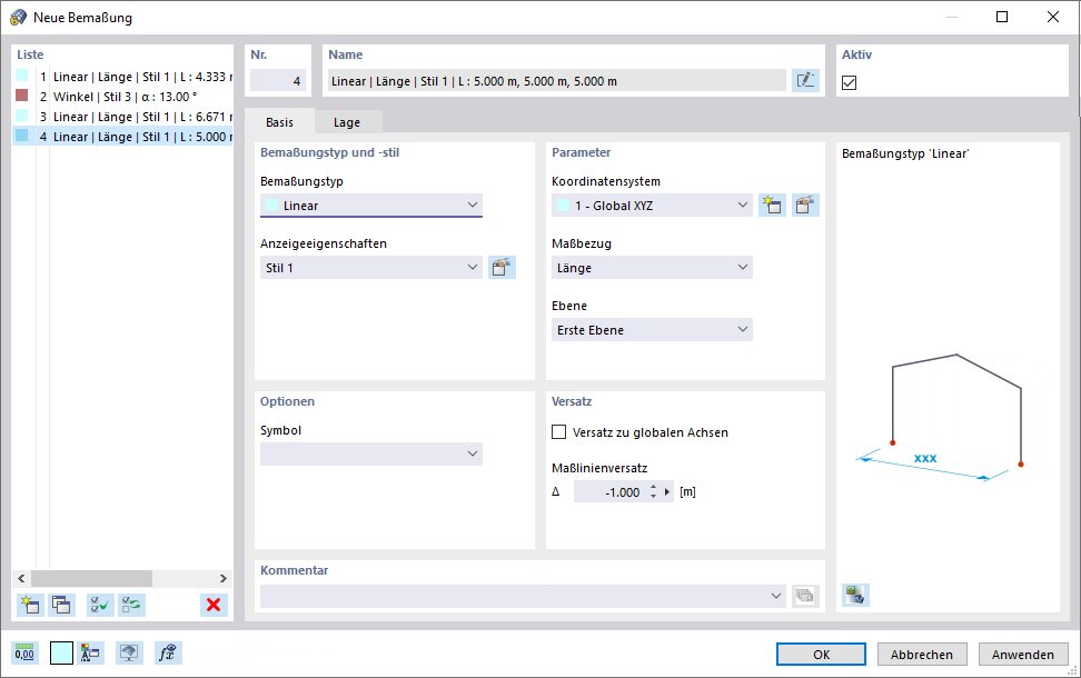 Dialog 'Neue Bemaßung'
