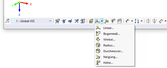 Schaltflächen für Bemaßungen in CAD-Symbolleiste