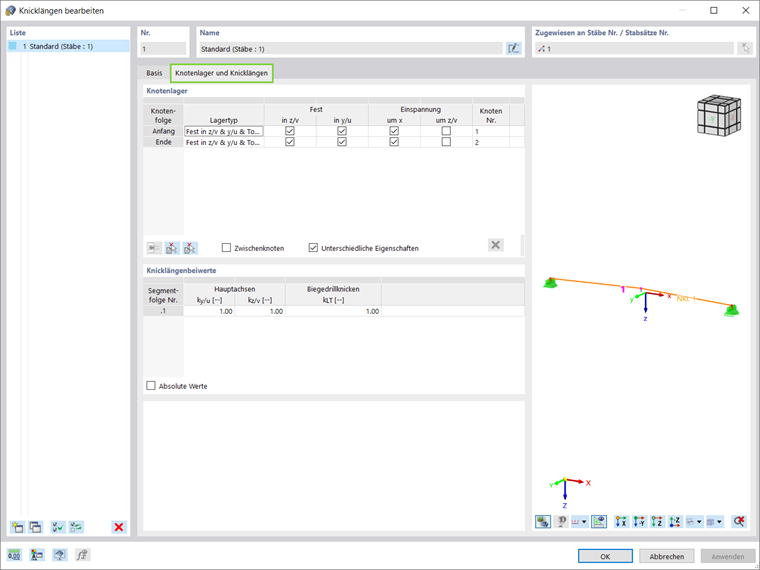 Bemessung von gevouteten und gekrümmten Holzstäben mit dargestellten Knotenlagern und Knicklängen in der Statiksoftware.