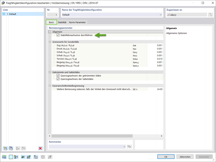 Holzbemessungskonfigurationen mit Parametern für gevoutete und gekrümmte Stäbe. Enthält Details zur statischen Berechnung und Modellierungselemente.