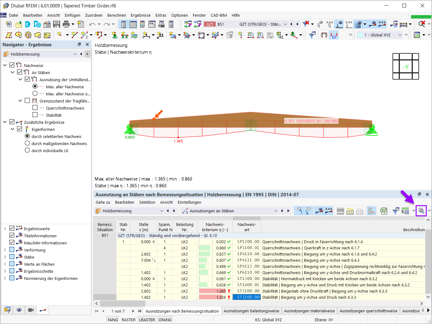Ergebnisse der Bemessung von gevouteten und gekrümmten Stäben mit Hilfe von Statiksoftware.