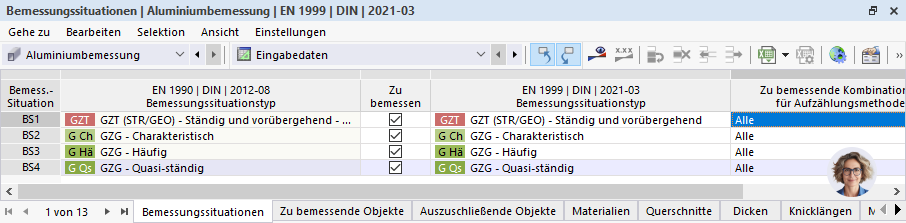Eingabetabelle für Bemessungssituationen in der Aluminiumbemessung