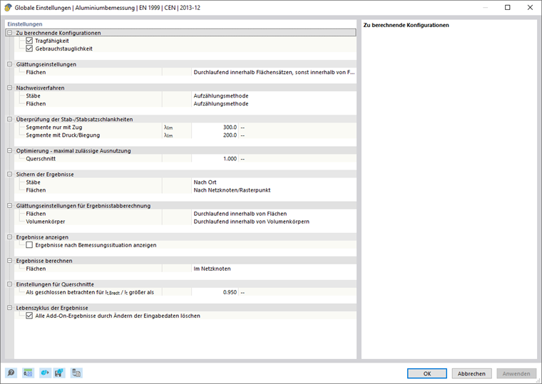 Dialog 'Globale Einstellungen | Aluminiumbemessung'