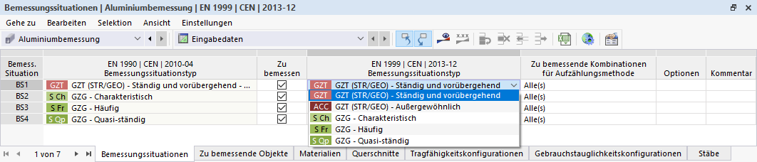 Zuordnung des Bemessungssituationstyps für die Aluminiumbemessung nach EN 1999