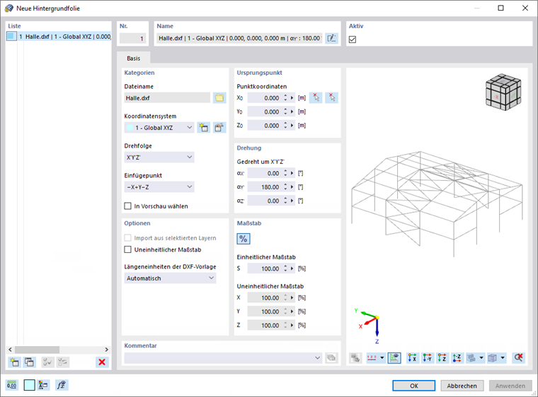 Dialog 'Neue Hintergrundfolie'