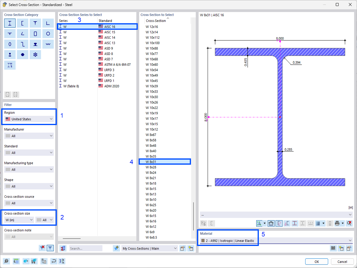 Auswahl eines W 8x31-Querschnitts in der Bibliothek