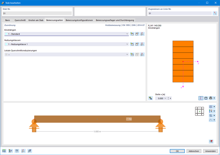Dialog 'Stab bearbeiten', Register 'Bemessungsarten' für die Holzbemessung