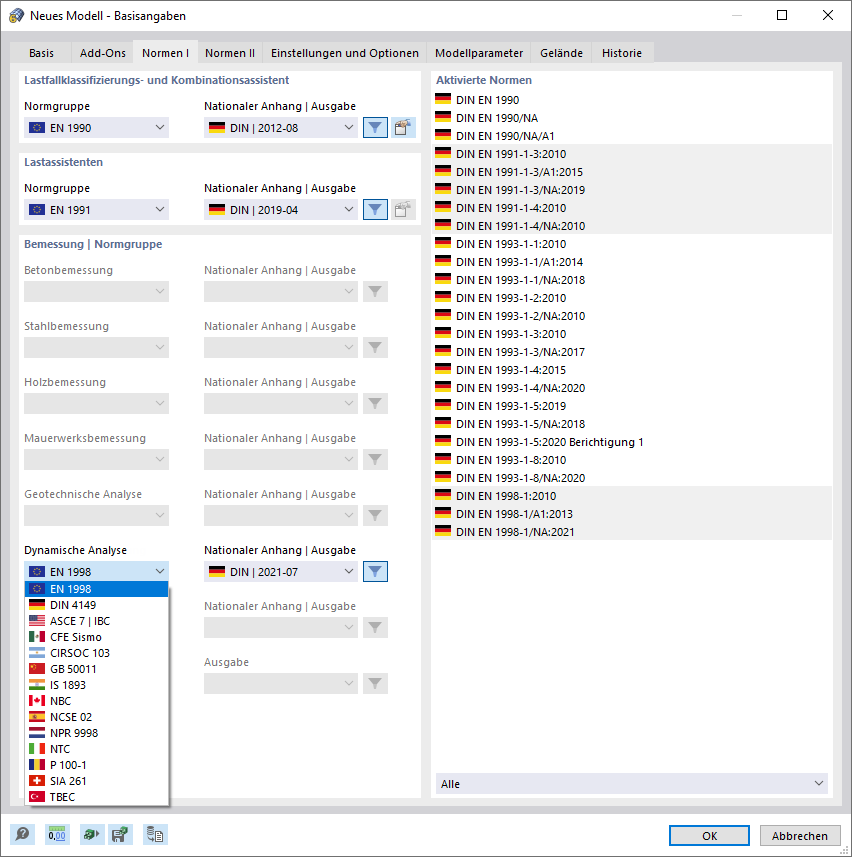 Dialog 'Neues Modell - Basisangaben', Register 'Normen I'